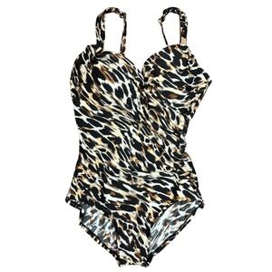 Miraclesuit One Piece Swimsuit Women's Size 12 Leopard Print Plunging Neckline